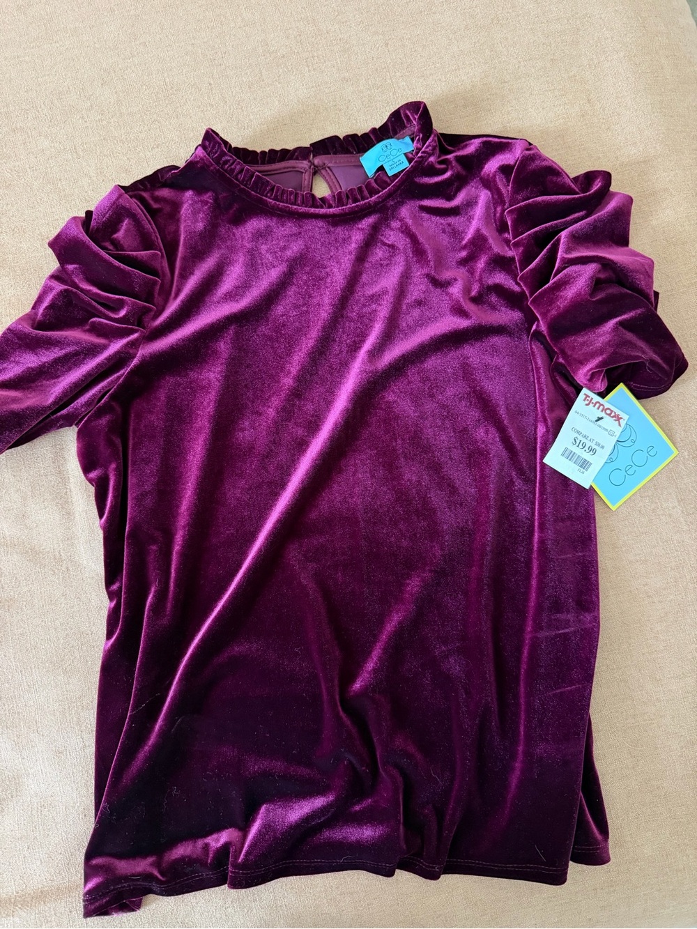 CeCe Velvet Ruffle Shoulder Long Sleeve Top in Plum